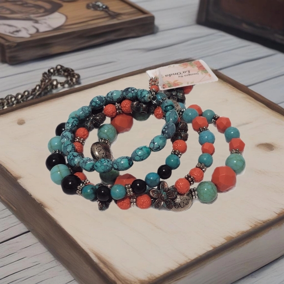 Desert Sunset Western Multi-Wrap Memory Wire Bracelet in Teal, Coral, and Onyx - Picture 2 of 9
